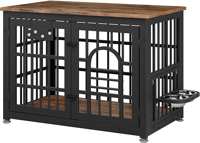 Dog Crate Furniture with Name Tag, Dog Kennel Indoor with 360° Rotating Feeder and Adjustable Heights Bowls, Wooden Decorative Pet Cage End Table for Small Medium Dogs, Rustic Brown 37.8" L