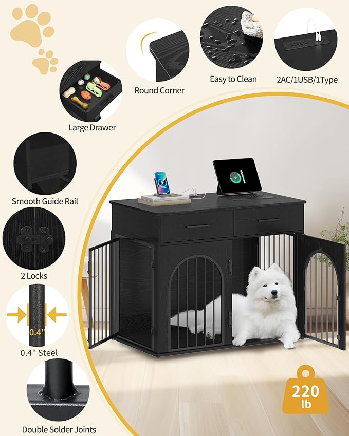 39.4'' Large Dog Crate Furniture with 2 Storage Drawers, Heavy Duty Dog Kennel Indoor with Charging Station, Wooden Dog Cage End Table Kennel for Medium/Large Dogs, Black DFC84204B
