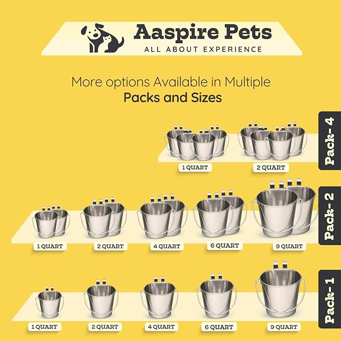 6 Quart Stainless Steel Flat Sided Bucket with Dual Hooks | 2 Pcs Food & Water Bowl for XL Dog Goat Cattle Horse & Livestock | Fits kennel Crate Cages Farm Hanging Pet Pail | Multipurpose
