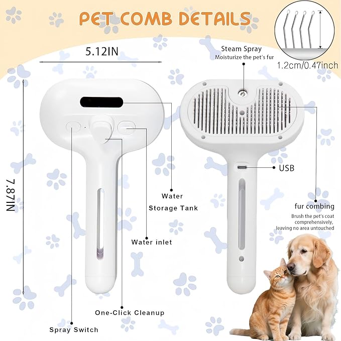Fresh Fur Shower Brush, 3 in 1 Pet Steam Brush, Spray Hair Removal Comb for Cats & Dogs - Deshedding& Grooming (White)