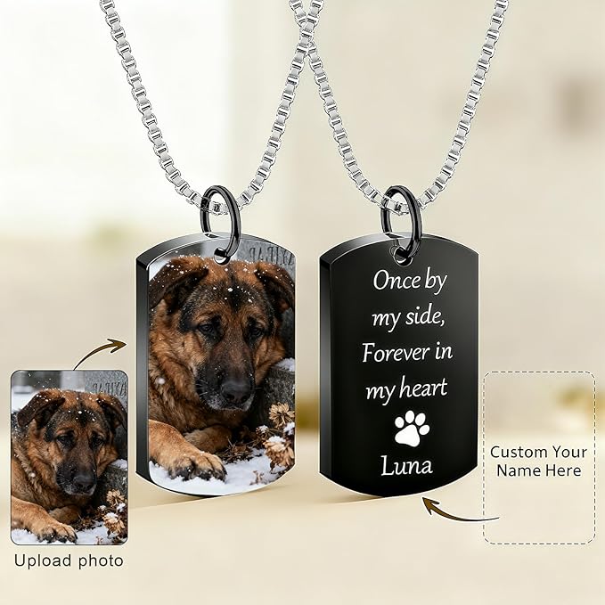 QYH Personalized Pet Urn Cremation Necklace for Ashes – Custom Keepsake Necklace with Photo and Text, Memorial for Dog Loss (Black-UV)