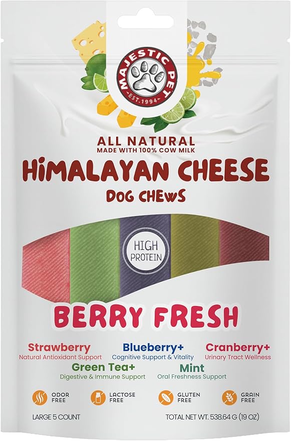 Majestic Pet Himalayan All-Natural Yak Style Cheese Dog Chews Made w/ 100% Cows Milk- Long Lasting Dental Chew for Dogs - Healthy Pet Treats w/Beneficial Ingredients (Berry Fresh, Large, 5 Pack)
