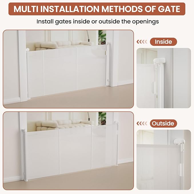 Upgrade Retractable Baby Gates Extra Wide(150" W x 42" H), 150 inch Reinforced Retractable Dog Gate to Prevent Crawling Through, Retractable Gate Outdoor/Indoor, Real One-Handed Operation, White