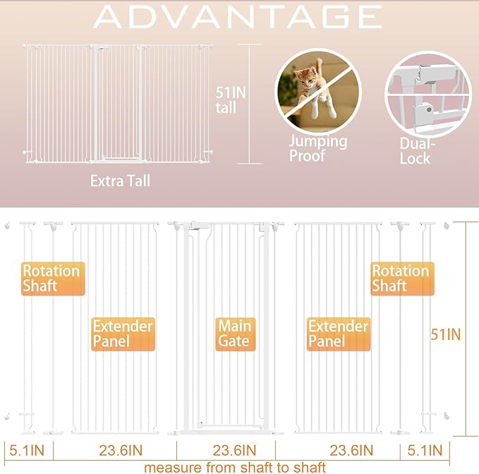 51" Extra Tall Cat Gate for Cats – 57.4" to 81" Extra Wide Cat Gate for Doorway,Auto Close 3-Panel Durable Pet Gate Indoor Use, Metal Dog Gate for Kitchens, Doorways & Stairs (White)