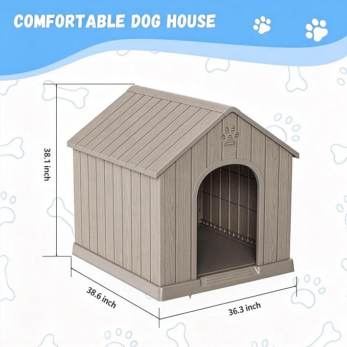 DRATO Indoor & Outdoor Dog Houses, Resin Material Dog House with Waterproof Roof and Raised Floor Design(Gray