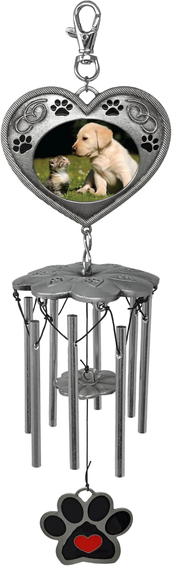 Pet Memorial - Garden Marker with Wind Chimes and Photo Frame- Black Wrought Iron Garden Stake and Windchime - Paw Prints on My Heart - Dog or Cat Loss Gift - Pet Memorial Gifts - 22.5" H