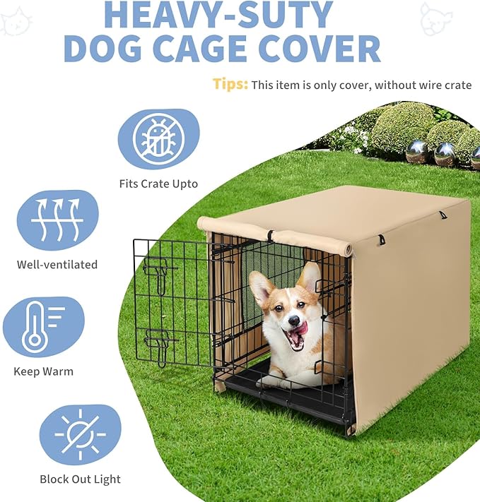 X-ZONE PET 42" Dog Crate Cover for Indoor/Outdoor - Heavy Duty Polyester Pet Kennel Cover Fits for Wire Dog Cage Beige