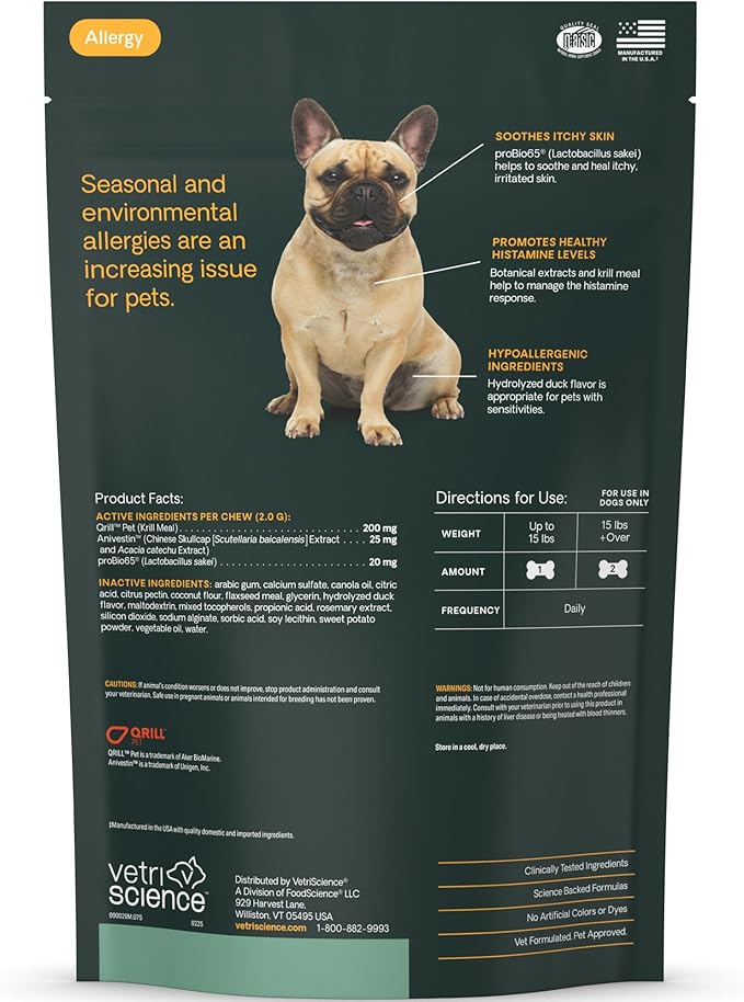 VetriScience Allergy & Itch Support Chews, Skin Supplement for Dogs, Itching, Scratching, and Licking, Support Immune Health, Duck, 75 Count