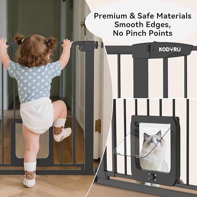 30 Inch Tall Dog Gate with Cat Door, Adjustable Width (29.7-57 Inches) for Doorways, Hallways & Stairs, Pressure-Mounted Walk-Through Dog Gate with Auto-Close & Double Lock Safety(Black)