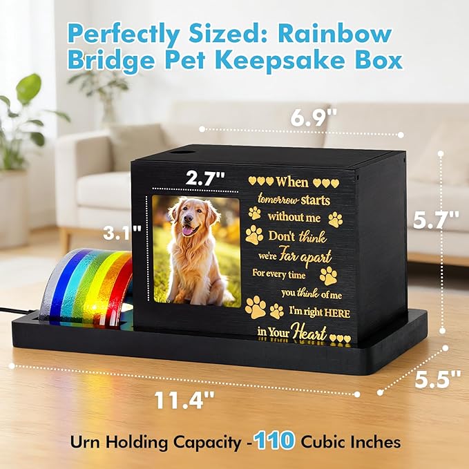 Rainbow Bridge Pet Memorial Gifts - LED Light Dog or Cat Urns for Ashes with Personalized Photo Frame, Pet Memory Box Keepsake for Sympathy, Bereavement, Remembrance