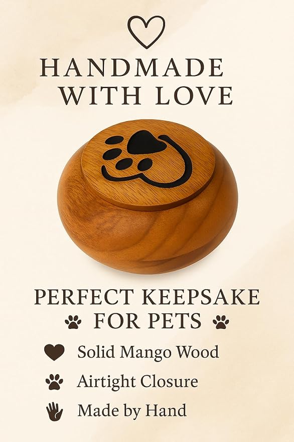 Handcrafted Small Pet Urn for Ashes – Mango Wood Memorial Keepsake for Dog or Cat – Paw & Heart Design – Holds up to 6 lbs – Mini Cremation Urn Box