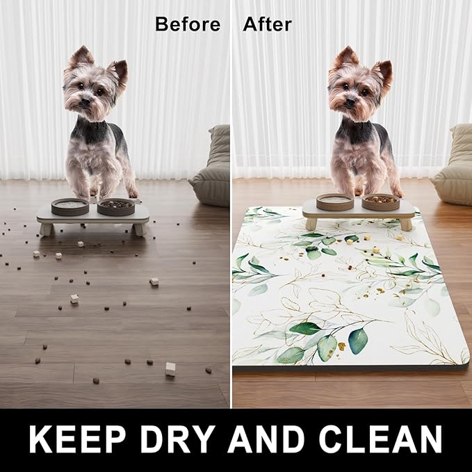 Dog Food Mat, 12" x 19" Minimalism Absorbent Dog Cat Bowl Mat for Food and Water, Cute Anti-Slip Rubber Pet Feeding Rug Protect Floors, Placemat for Feeding & Watering Supplies, Leaf