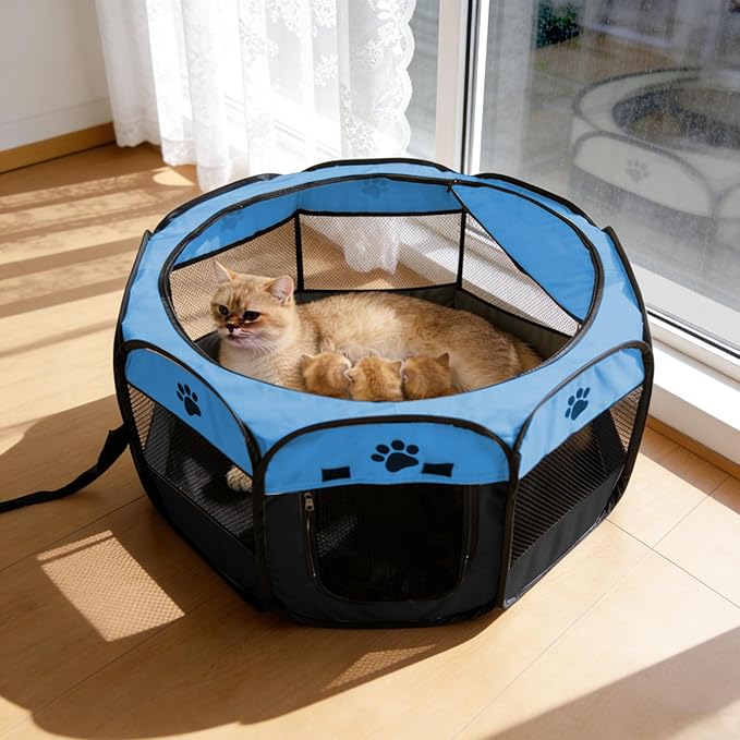 Cat Dog Playpen, Puppy Pet Playpen Indoor for Small Dog Crate Tent Cage Outdoor, Portable Pop Up Dogs Enclosure Kennel with Carrying Case for Dogs/Cats/Rabbits Blue.