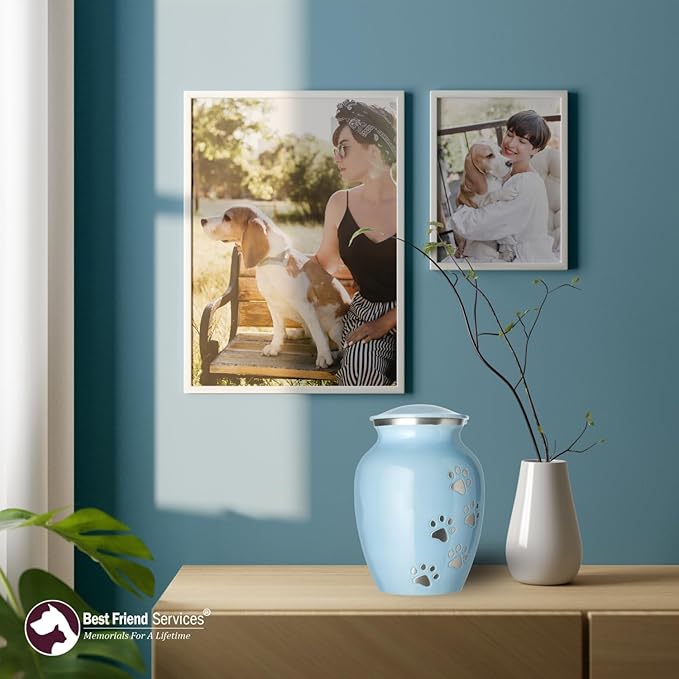 Ottillie Paws Legacy Series Pet Urn for Dogs and Cats, Handmade Aluminum Memorial Cremation Urn (Small - Pets up to 25 lbs, Baby Blue, Vertical Pewter Paws)
