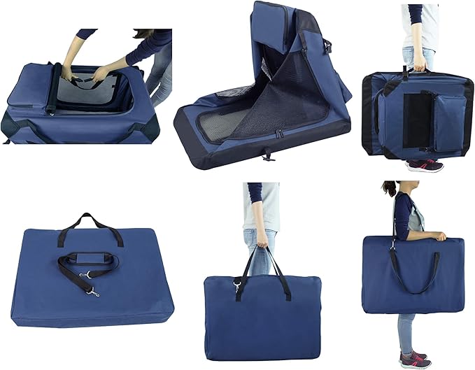 EliteField 3-Door Folding Soft Dog Crate with Carrying Bag and Fleece Bed (2 Year Warranty), Indoor & Outdoor Pet Home (30" L x 21" W x 24" H, Navy Blue)