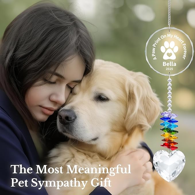 Personalized Pet Memorial Suncatcher - Dog Memorial Gifts for Loss of Dog,Pet Loss Sympathy Gift,Custom Crystal Cats Dogs Remembrance Bereavement Gift (Pet Memorial(Rounded))