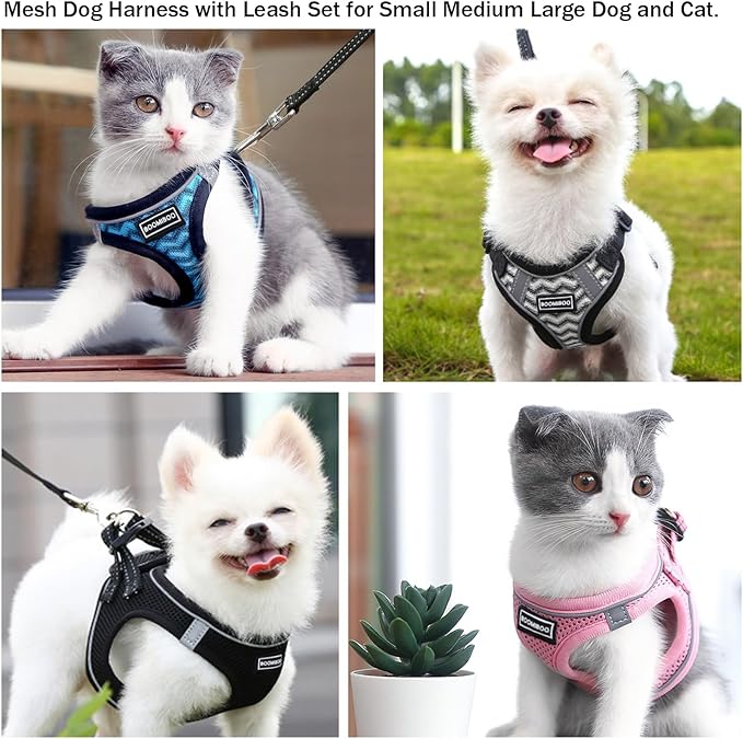 BOOMIBOO Dog Harness with Leash Set, No Pull Adjustable Reflective Step-in Puppy Pet Vest Harnesses for Small Medium Large Dogs and Cats,White Stripe S