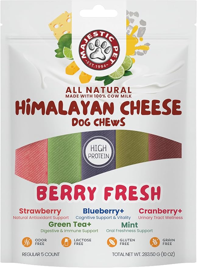 Majestic Pet Himalayan All-Natural Yak Style Cheese Dog Chews Made w/ 100% Cows Milk- Long Lasting Dental Chew for Dogs - Healthy Pet Treats w/Beneficial Ingredients (Berry Fresh, Regular, 5 Pack)