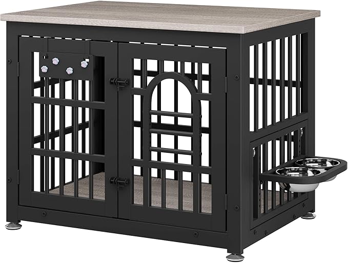 Dog Crate Furniture with Name Tag, Dog Kennel Indoor with 360° Rotating Feeder and Adjustable Heights Bowls, Wooden Decorative Pet Cage End Table for Small Dogs, Grey 31.5" L