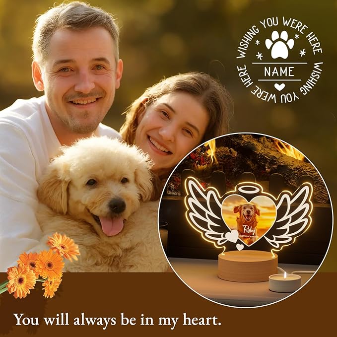Bemaystar Dog Memorial Gifts for Loss of Dog Pet Memorial Gifts for Dogs Cat Memorial Gifts Custom Pet Memorial Night Light Pet Loss Gifts, Memorial Plaques for Dog Memorial Picture Frame - Wings