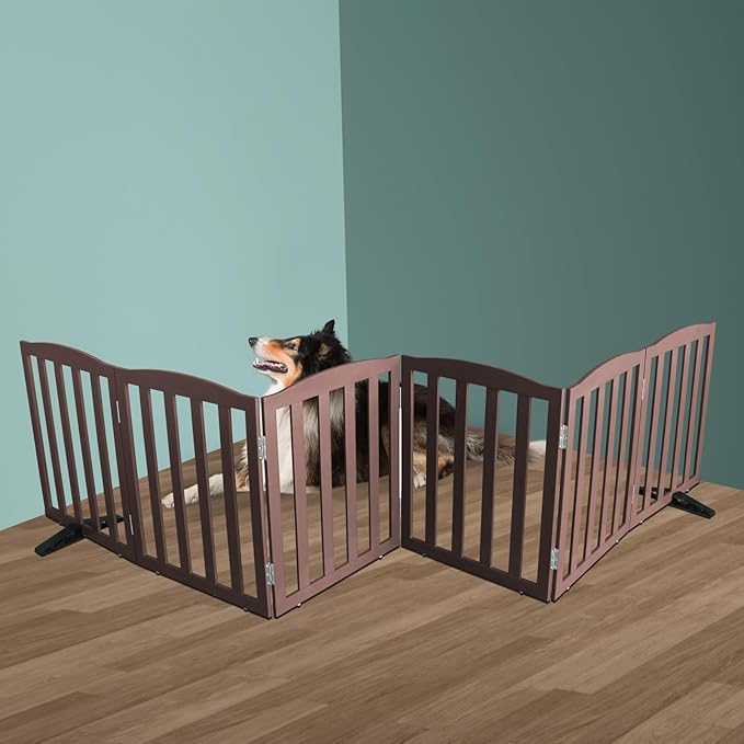 Freestanding Dog Gate Indoor,Doggie Gate Foldable Pet Gates for Doorways,Stairs or Hallways, Wooden Brown Pet Gate for the House, Pet Fence with Support Feet Included,24 "Height-6 Panels