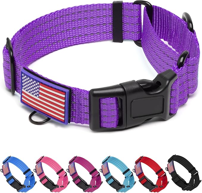 Martingale Dog Collar, Reflective No Pull Training Collar with Quick Release Buckle & USA Flag, Heavy-Duty Nylon, Adjustable for Small Medium Large Dogs (L,Purple with Flag