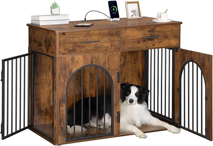 39.4'' Dog Crate Furniture with 2 Drawers, Indoor Dog Kennel with Charging Station, Wooden Dog Cage Side End Table Kennel for Medium/Large Dogs, Rustic Brown DFC84201B