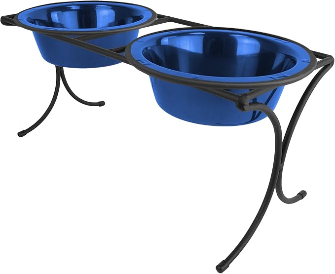 Platinum Pets Bistro Double Diner Feeder with Stainless Steel Dog Bowls, Medium, Sapphire Blue