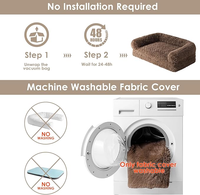 EHEYCIGA Foldable XL Dog Bed, 46"x34"x6.5" Faux Fur Fluffy Pet Couch Bed for Large Dogs, Orthopedic Calming Memory Foam Big Pet Bed, Washable Soft Pet Sofa Bed with Non-Slip Bottom, Brown