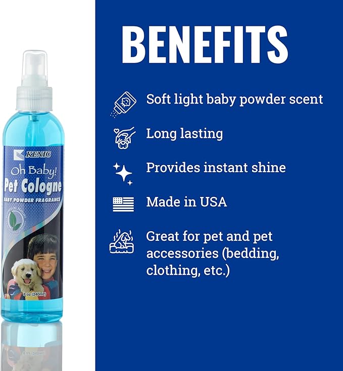 Kenic Oh Baby Pet Cologne, Long Lasting Baby Powder Scented Dog & Cat Deodorizing Spray, Freshens, Neutralizes and Shines Coat Between Baths, Made in USA