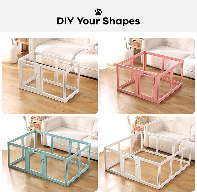 Clear Acrylic Dog Playpen Indoor, Puppy Cat Small Pet Play Pen, Pet Cat Playpen for Rabbits, Dog Fence Crate Kennel Whelping Cage (Pink, 12 Panel)