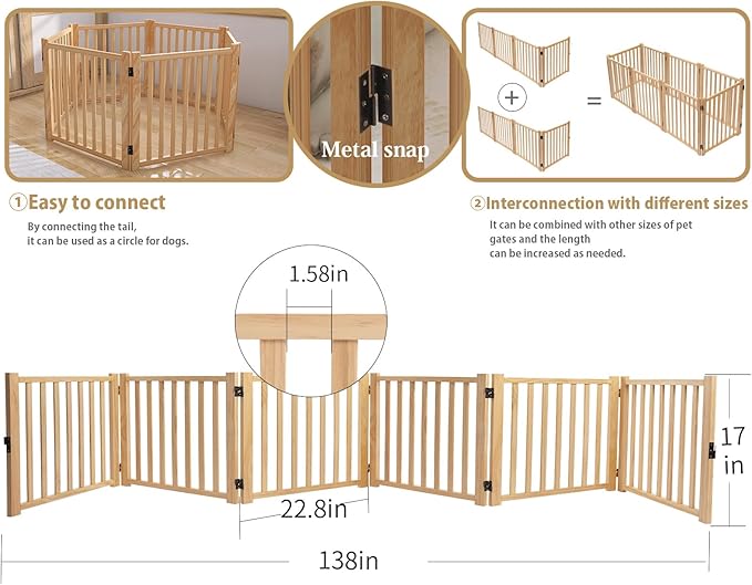 Solid Wood Freestanding Pet Gate,Nature Wood Dog Gates for Doorways The House,Pet Gate for Stairs,Freestanding Indoor Gate Safety Fence,16.9" Height-6 Panels