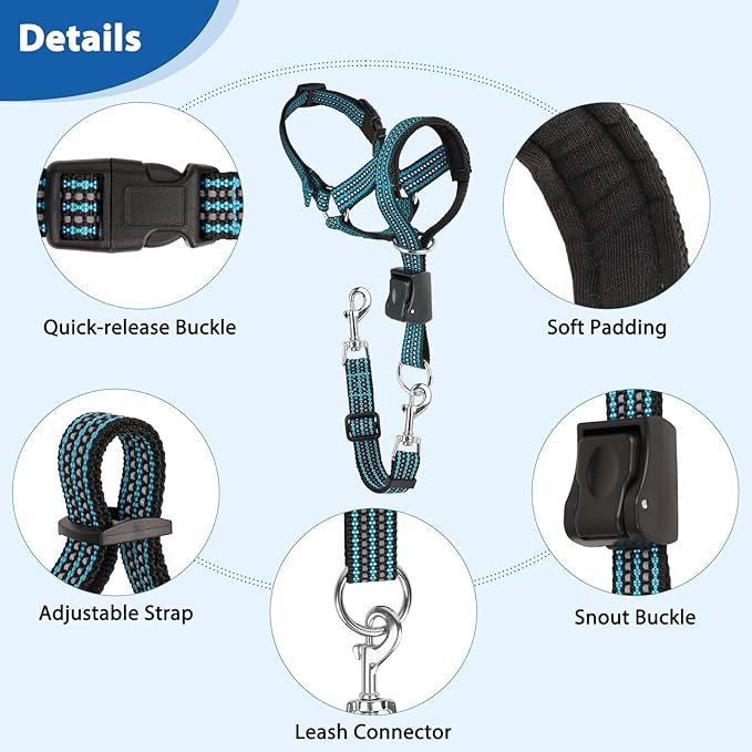 BARKLESS No Pull Dog Head Collar for Gentle Training Walking, Soft Padded Head Halter with Collar Safety Clip, Comfortable Fit Muzzle Leash with Reflective Strap for Medium Large Dog (Blue, L)