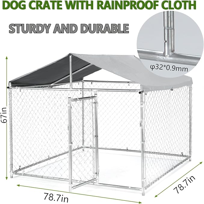 79 Inch Outdoor Dog Kennel for Large Dog, Heavy Duty Galvanized Steel Dog Enclosure with Waterproof UV-Resistant Cover, Lockable Door Chain Link Playpen for Rabbits, Chicken