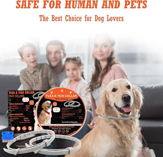 Flea Collar for Dogs, 2 Pack Collar for Dogs, 12 Months Protection, Waterproof, Adjustable One Size Fits All, Dark Orange