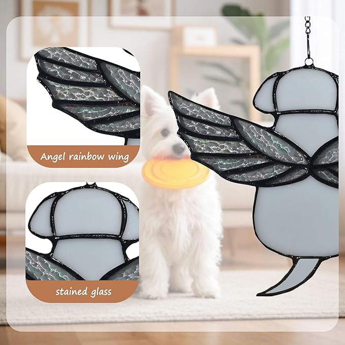 Stained Glass Rainbow Wing Angel Dog Memorial Gift for Loss of Dog Bereavement(White)