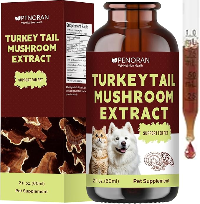 Turkey Tail Mushroom Drops for Dogs & Cats, Relieves Lipoma/Lumps/Bumps & Warts Support, Boost Immunity, Ganoderma Lucidum & Chaga Mushroom: Young Weak & Senior Pets & Low-Vitality & Post-Surgery Pets