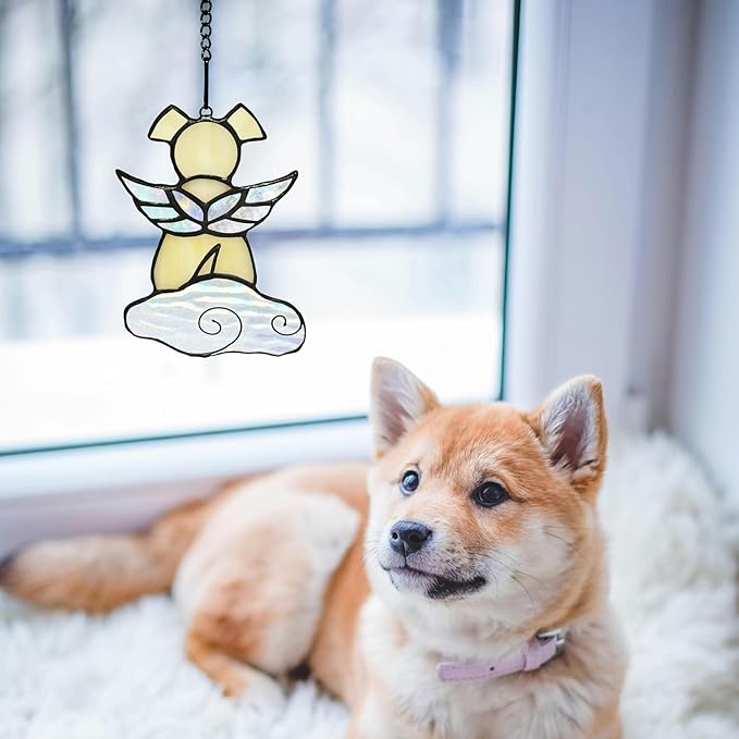 Stained Glass Angel Wings Dog Memorial Gifts for Loss of Dog Sympathy Bereavement Gift Suncatcher, Rainbow Bridge Pet Passing Away Remembrance in Memory, Yellow