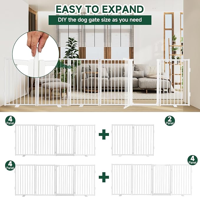 Snagle Paw Metal Freestanding Dog Gate with Door,80” W x 36” H Dog Fence with Support Feet for Doorways, Stairs and Hallways, Portable Pet Gate for Indoor Use (4 Panel, White)