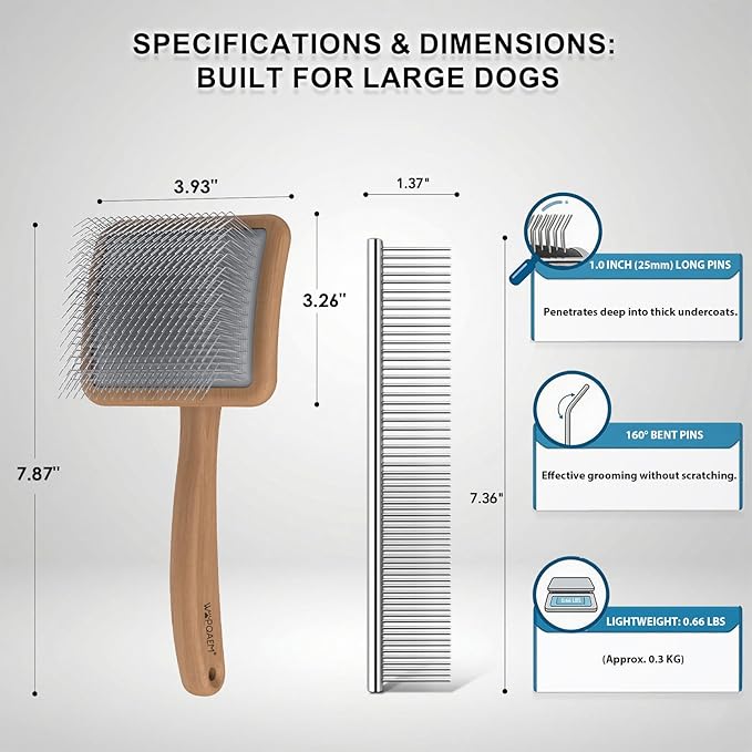 4-in-1 Beech Wood Slicker Brush for Dogs - Long Pin Dog Brush Grooming Kit for Doodles, Poodles, Goldendoodles & Thick Coats to Dematting & Reducing Tangles and Fluff