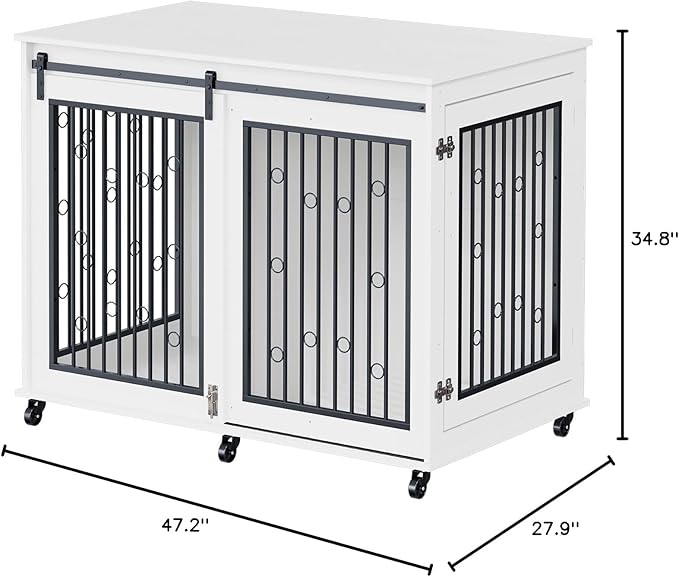 IchbinGo Large Dog Crate Furniture, 47" Wooden Dog Kennel with Sliding Barn Door, Flip-Top Lid & Wheels, Indoor Pet Crate Table with Detachable Divider for Small/Medium/Large Dogs (White)
