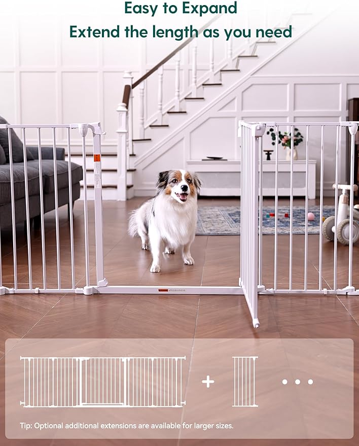 Babelio 104" Extra Wide Baby Gate, 30" Tall Auto Close Dog Fence for Stairs Doorways Fireplace, Hardware Mounted Pet Gate Indoor, Foldable 5 Metal Panels, White