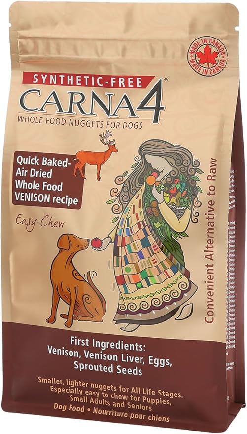 CARNA4 Air Dried Dog Food, Venison Recipe, Quick Baked Whole Food Nutrition with Sprouted Seeds, Natural Probiotics & Enzymes, No Synthetics, Easy-Chew - 10lbs