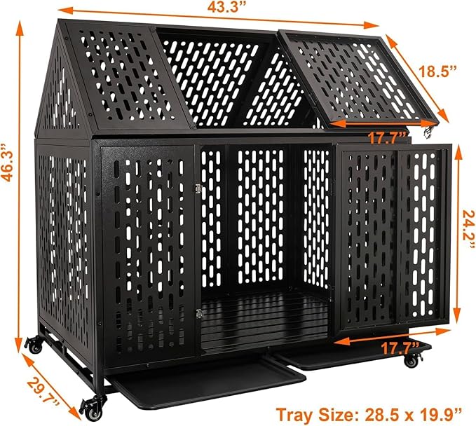 44 inch Heavy Duty Dog Crate with Wheels, Indestructible Escape-Proof Steel Pet Kennel for High Anxiety Large Medium Dogs, Chewproof Indoor Double Door Dog Kennel with 2 Trays, 4 Locks, XL