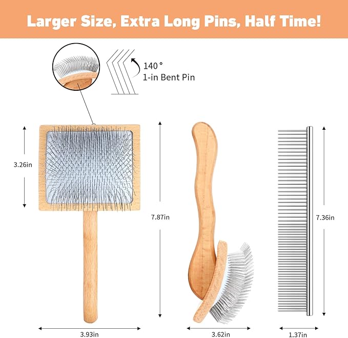Dog Slicker Brush for Goldendoodles, Poodles & Long Haired Dogs - Long Pin Doodle Brush & Pet Comb Kit Removes Tangles Loose & Knots, Professional Grooming Tools with Wooden Handle, Natural