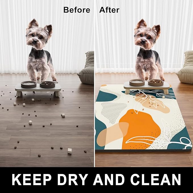 Dog Food Mat, 12" x 19" Boho Absorbent Dog Cat Bowl Mat for Food and Water, Cute Anti-Slip Rubber Pet Feeding Rug Protect Floors, Placemat for Feeding & Watering Supplies, Boho Abstract
