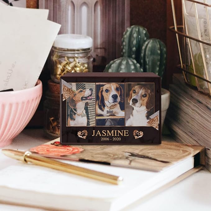 Custom Pet Keepsake Urns for Dogs, Wooden Box for Pet Ashes with Photo for Your Beloved Pets, Pet Cremation Urns as Sympathy Gifts for Pet Lovers - Small, 6" x 4" x 2.75" (Design 1)