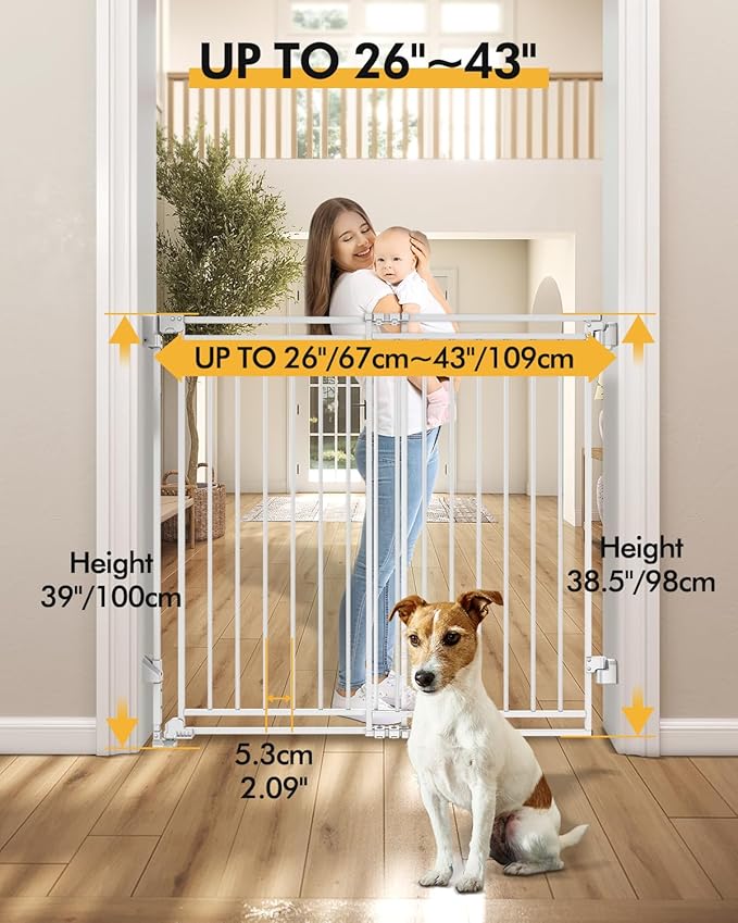 Extra Tall Baby Gate for Stairs Doorways & Kitchen, 26.4"-43" W x 39" H, No Bottom Bar Dog Gate, One-Handed Auto-Close, Hardware Mount Safety Gate for Dogs & Toddlers, White