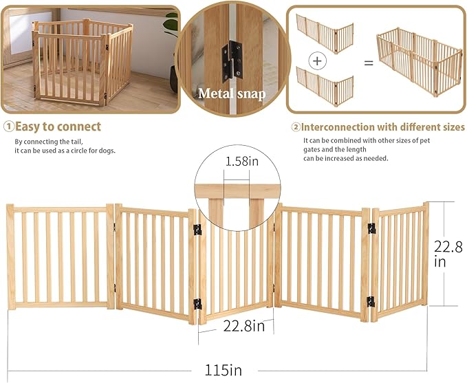 Solid Wood Freestanding Pet Gate,Nature Wood Dog Gates for Doorways The House,Pet Gate for Stairs,Freestanding Indoor Gate Safety Fence,23" Height-5 Panels