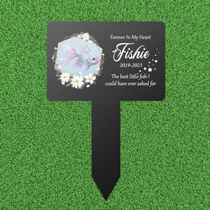 Personalized Fish Memorial Stake Custom Photo Floral Little Fish Metal 8x8 inch Pet Grave Marker Pet Loss Gift Sympathy Gift (Style 21)